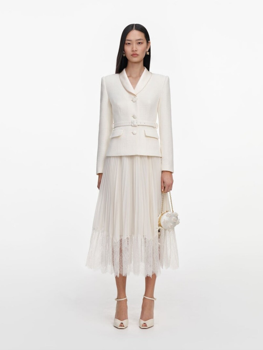 Self Portrait Cream Boucle Shawl Collared Midi Dress